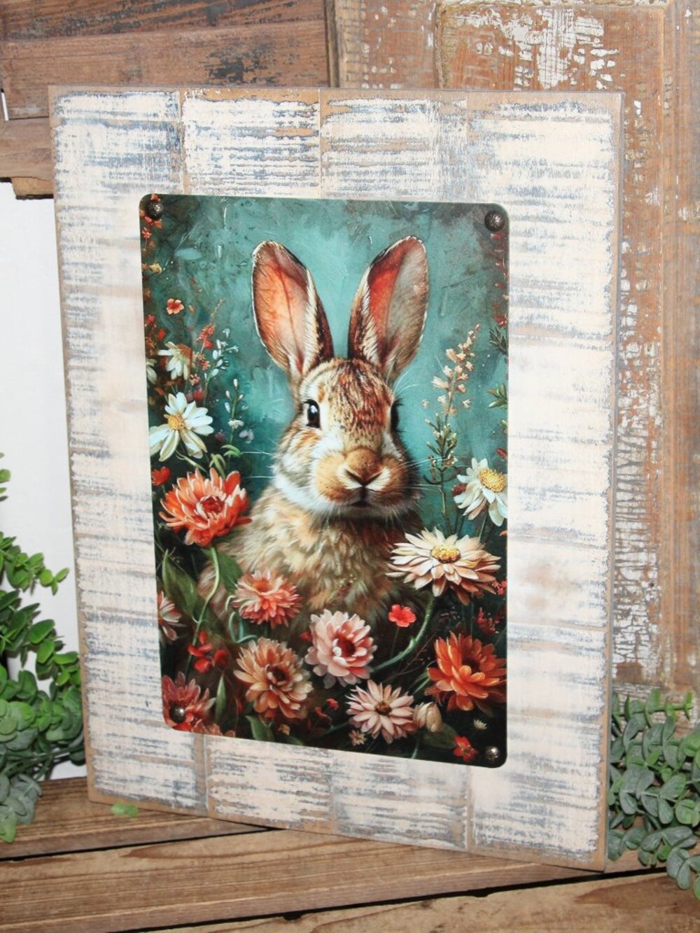 NEW Large Shabby French Country Farmhouse Bunny Rabbit & Wild Flowers Wall Decor